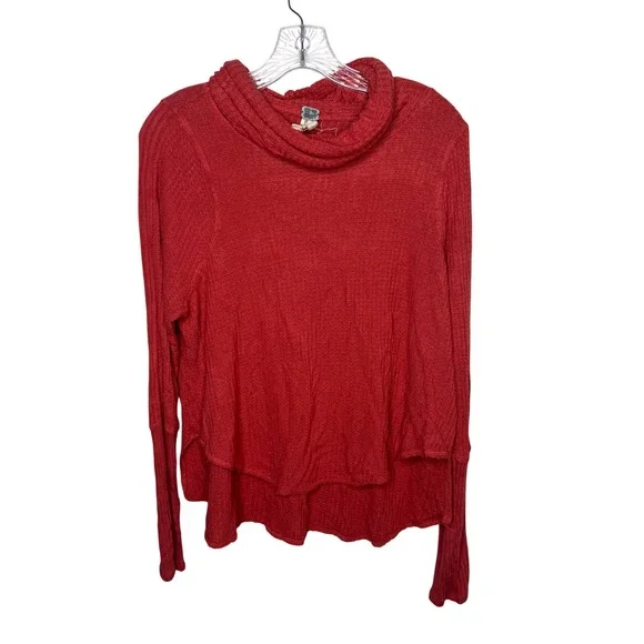 WE THE FREE Orange Waffle Knit Cowl Neck High Low Long Sleeve Top Women S - Picture 1 of 10